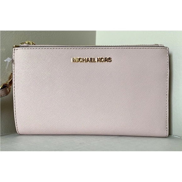New Michael Kors Jet Set Travel Double zip wristlet wallet Leather Powder Blush - Picture 1 of 5